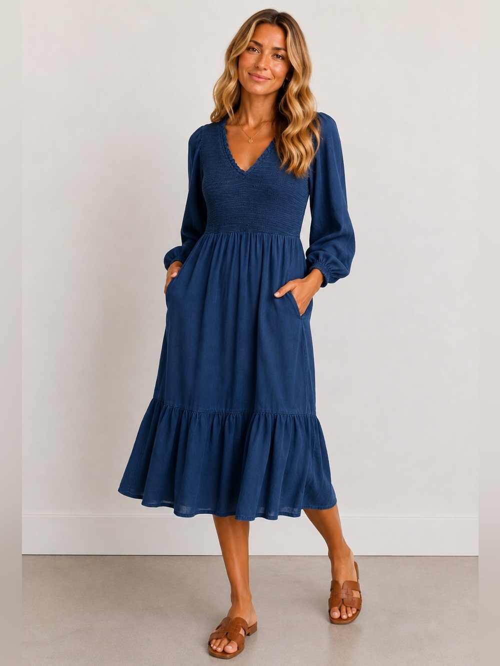 Old Navy Lyocell Chambray Smocked Midi Dress Tiered Hem XS NWT